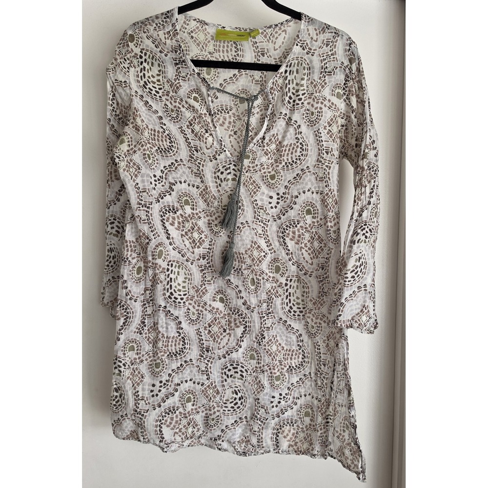Rock Flower Paper Women's Blouse Size S White Multi Geometric Long Sleeve Tunic